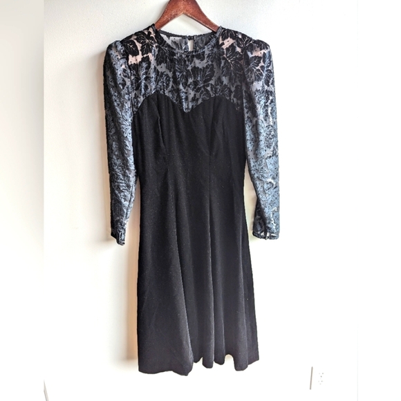 Vintage Dresses & Skirts - Vintage Piaf Velvet Burnout Midi Dress Sweetheart 80s Cocktail Black witchy goth